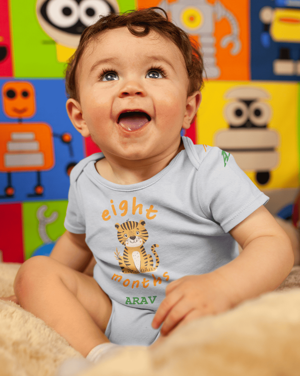 Custom Name Eight Month Rompers for Baby Boy- FunkyTeesClub