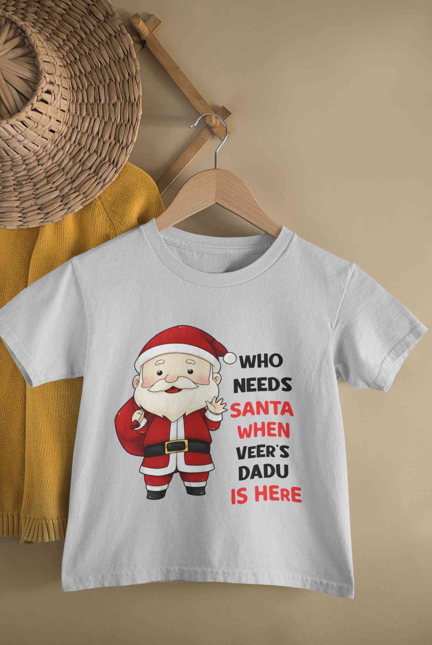 Customized Name Santa Dadu Is Here Christmas Half Sleeves T-Shirt for Boy-FunkyTeesClub