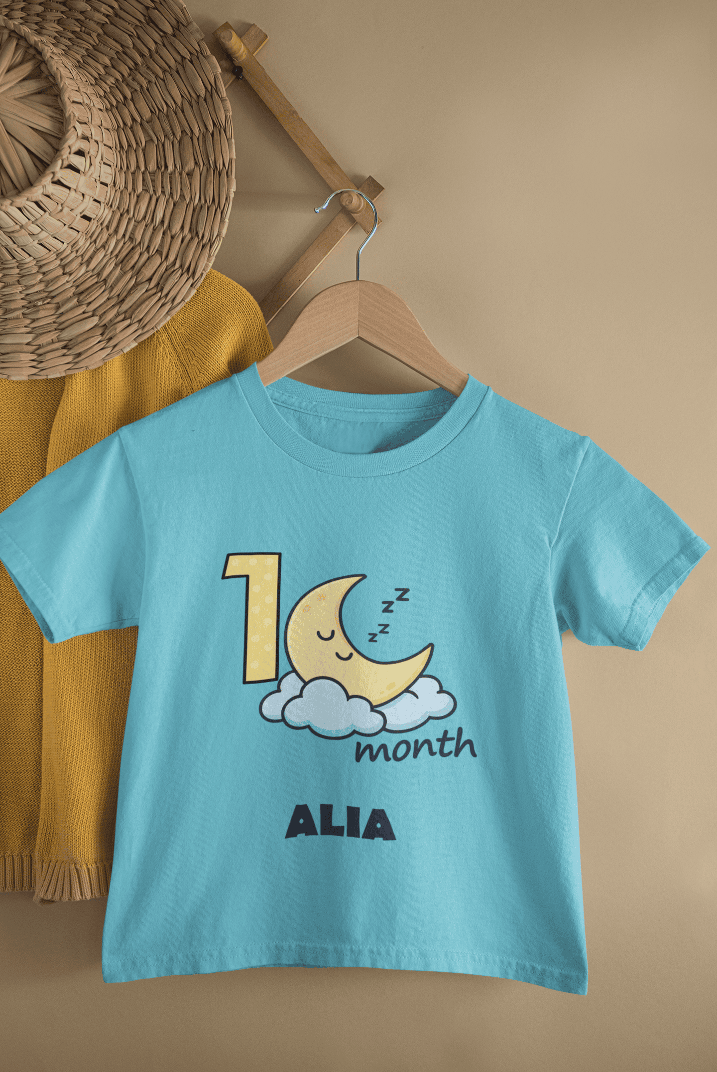 Custom Name One Month Moon Half Sleeves T-Shirt For Girls -FunkyTeesClub
