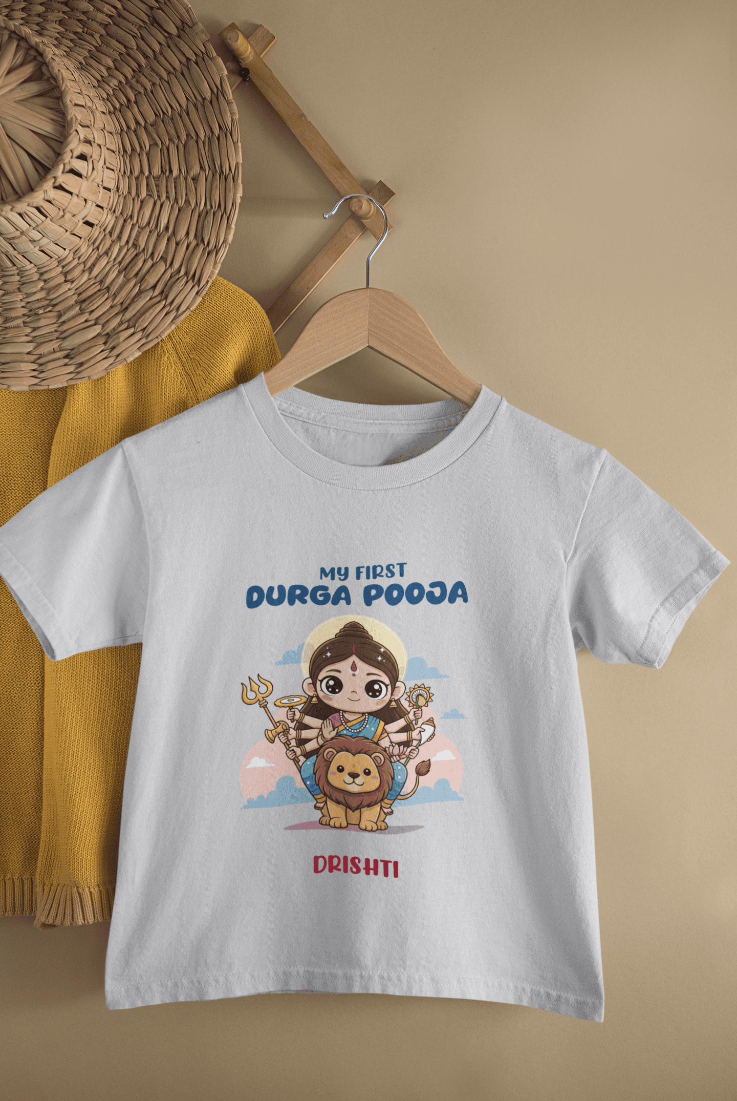 Custom Name My First Durga Pooja Half Sleeves T-Shirt For Girls -FunkyTeesClub
