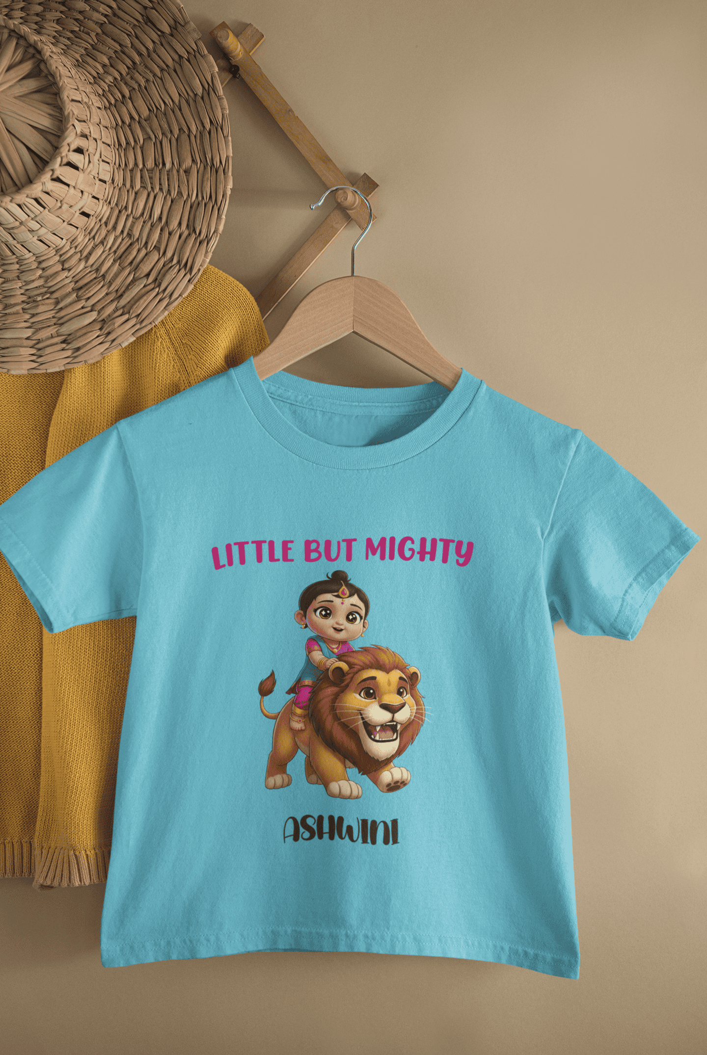 Custom Name Little But Mighty Durga Pooja Half Sleeves T-Shirt For Girls -FunkyTeesClub