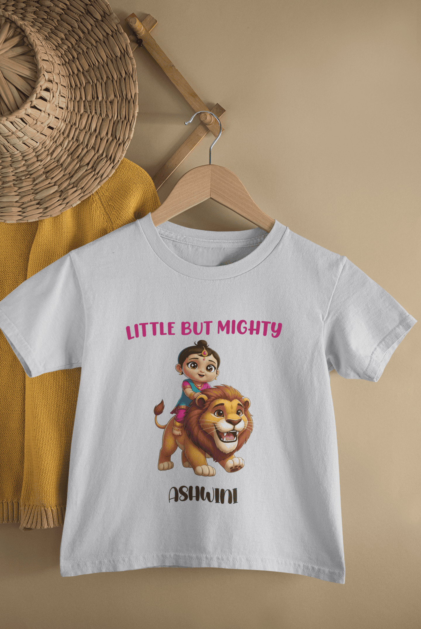 Custom Name Little But Mighty Durga Pooja Half Sleeves T-Shirt For Girls -FunkyTeesClub
