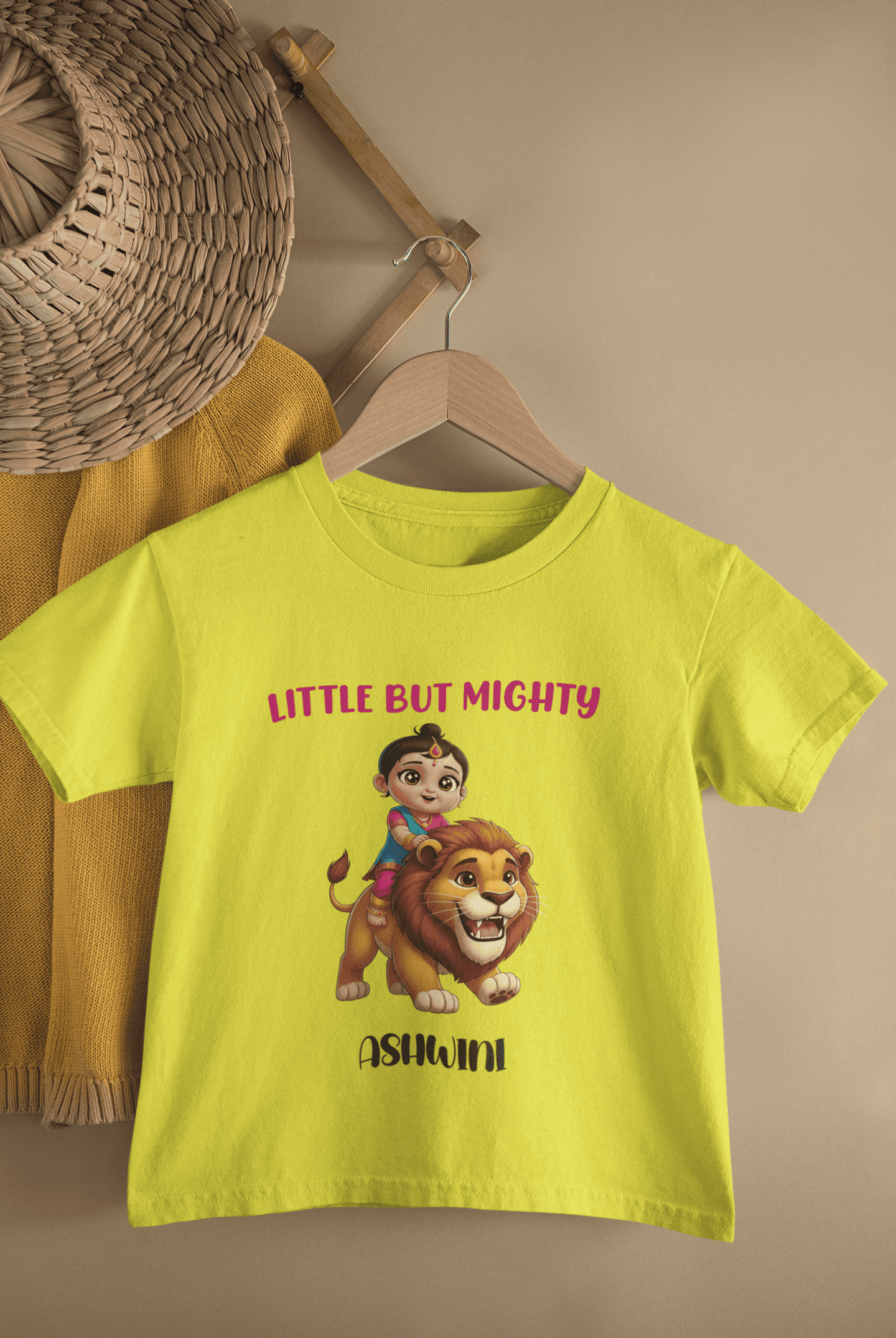 Custom Name Little But Mighty Durga Pooja Half Sleeves T-Shirt For Girls -FunkyTeesClub