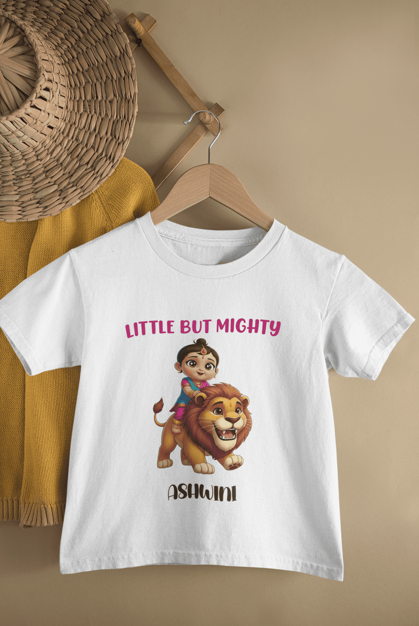 Custom Name Little But Mighty Durga Pooja Half Sleeves T-Shirt For Girls -FunkyTeesClub