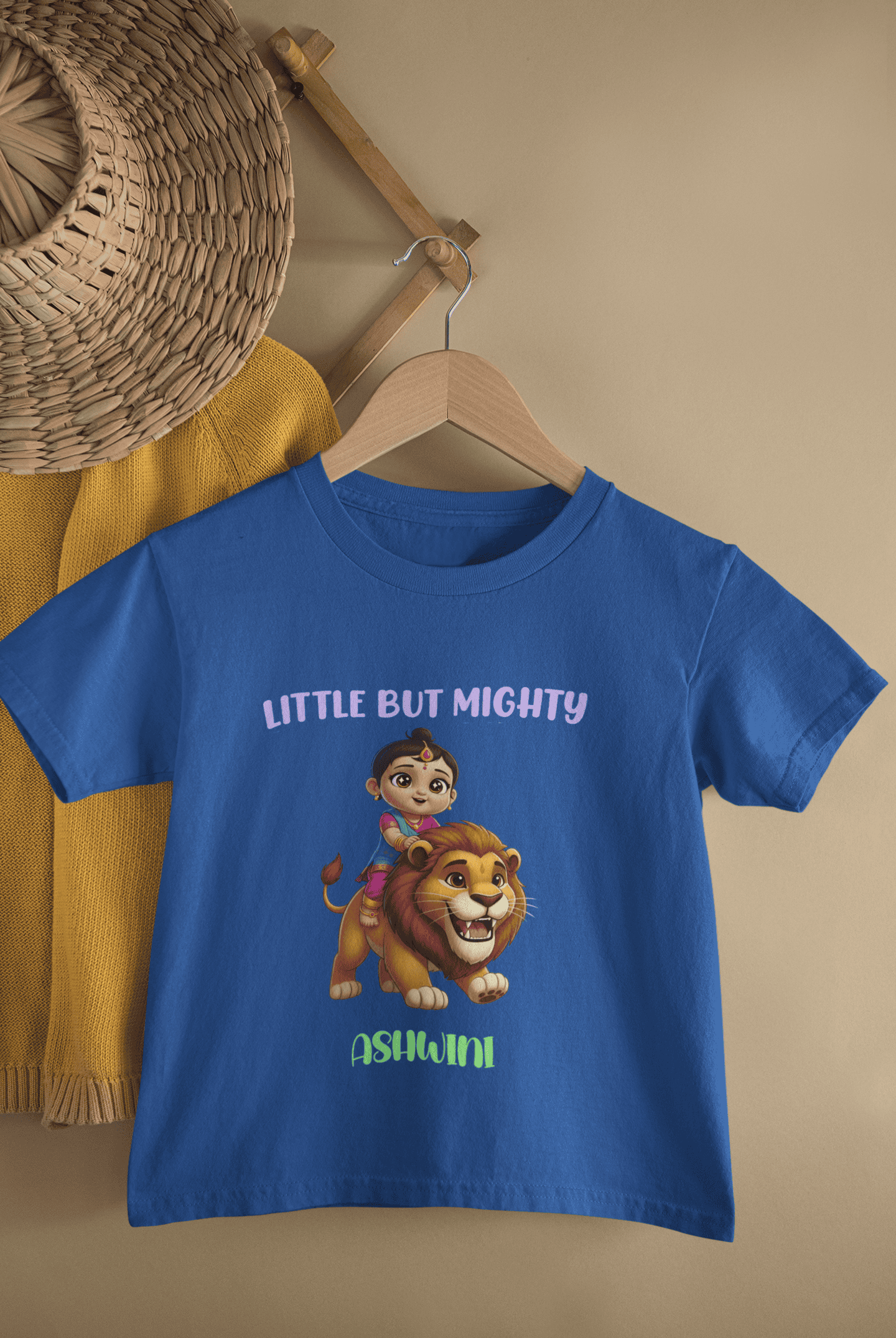 Custom Name Little But Mighty Durga Pooja Half Sleeves T-Shirt For Girls -FunkyTeesClub
