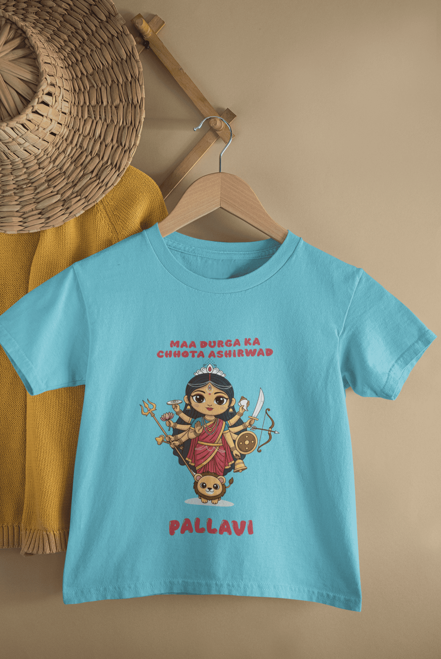Custom Name Maa Durga Ka Chota Ashirwad Durga Pooja Half Sleeves T-Shirt For Girls -FunkyTeesClub