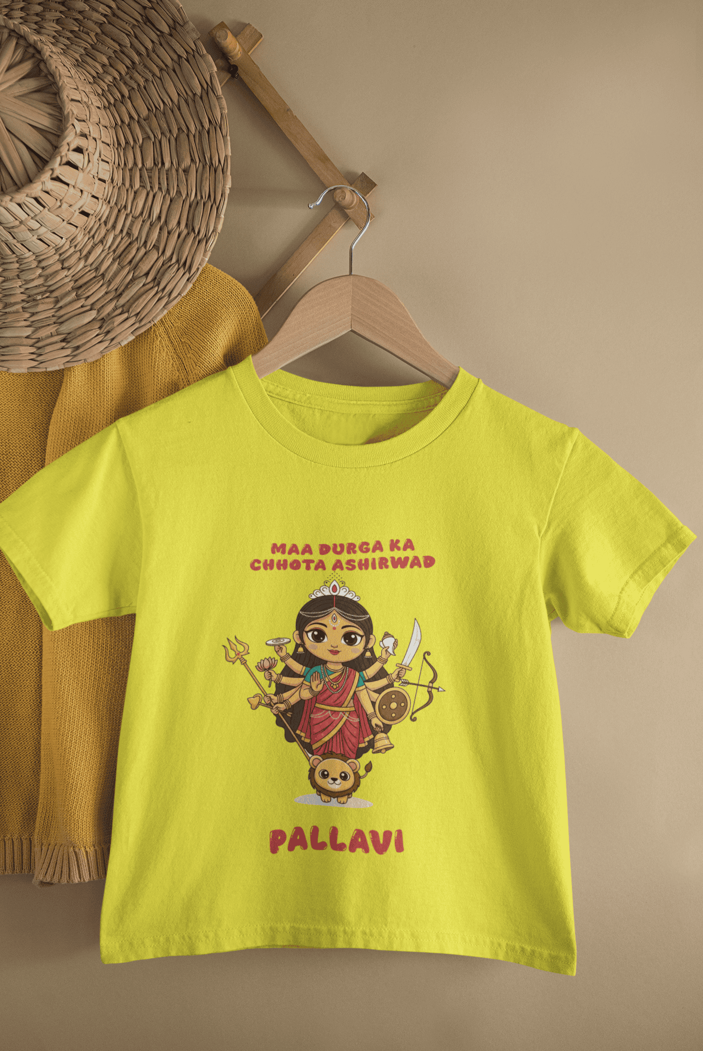 Custom Name Maa Durga Ka Chota Ashirwad Durga Pooja Half Sleeves T-Shirt For Girls -FunkyTeesClub