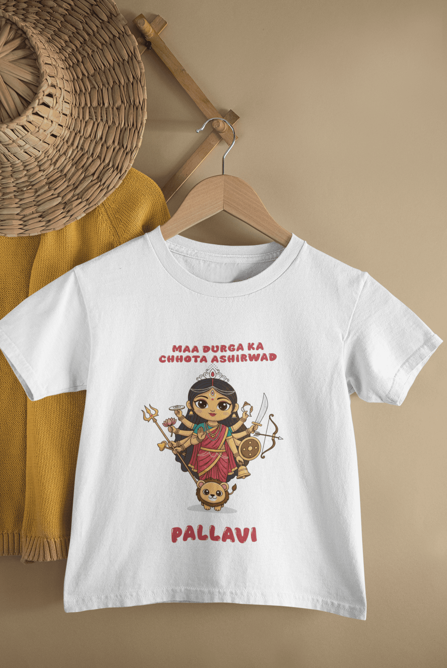 Custom Name Maa Durga Ka Chota Ashirwad Durga Pooja Half Sleeves T-Shirt For Girls -FunkyTeesClub