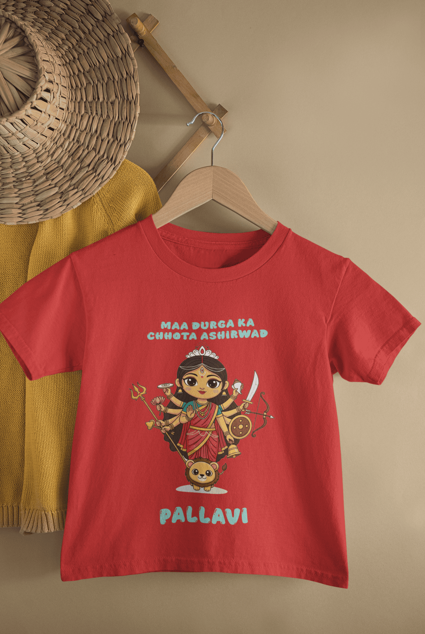 Custom Name Maa Durga Ka Chota Ashirwad Durga Pooja Half Sleeves T-Shirt For Girls -FunkyTeesClub
