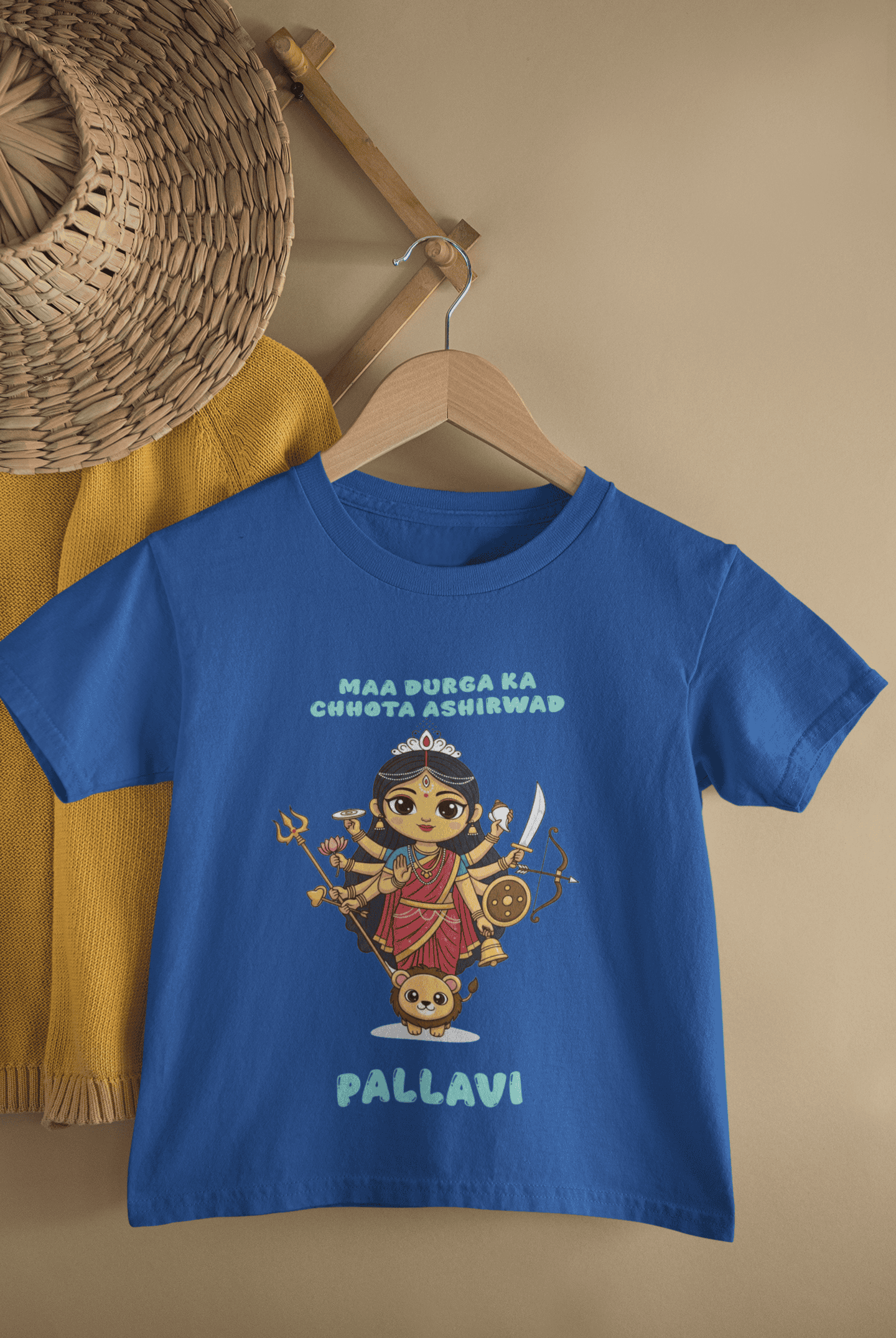 Custom Name Maa Durga Ka Chota Ashirwad Durga Pooja Half Sleeves T-Shirt For Girls -FunkyTeesClub