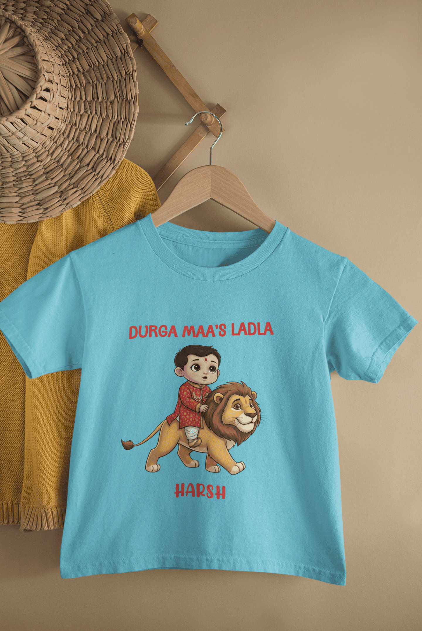 Custom Name Durga Maa's Ladla Navratri Half Sleeves T-Shirt for Boys -FunkyTeesClub