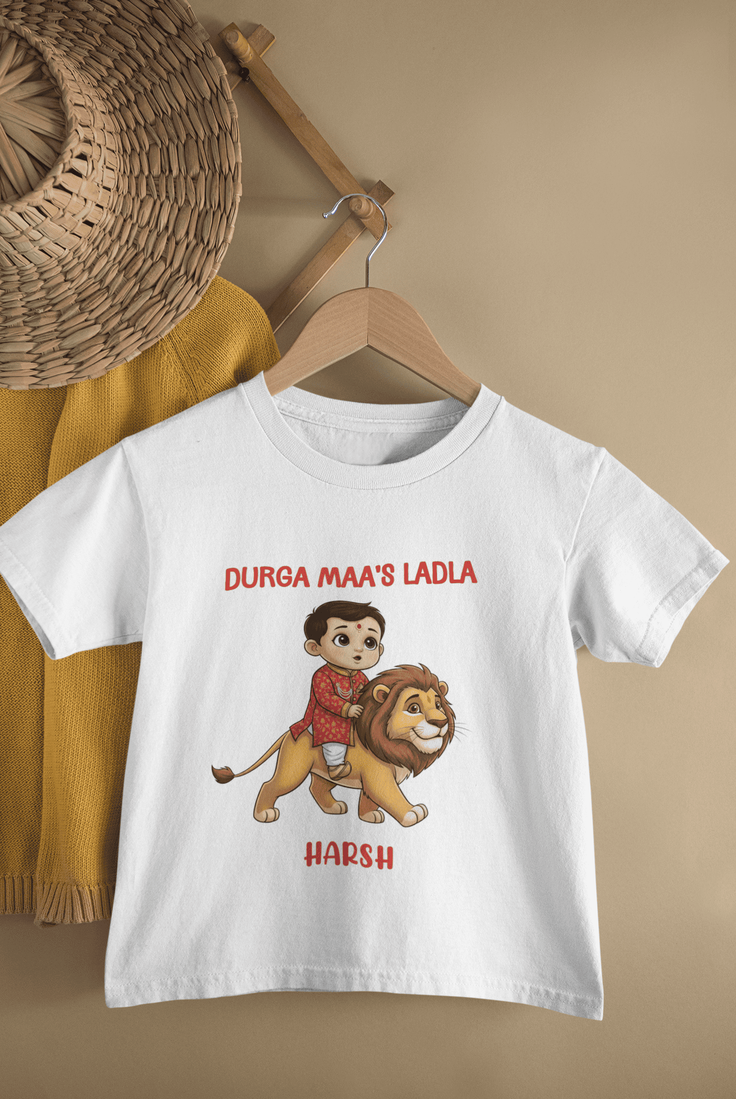 Custom Name Durga Maa's Ladla Navratri Half Sleeves T-Shirt for Boys -FunkyTeesClub