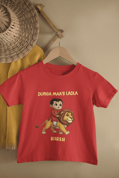 Custom Name Durga Maa's Ladla Navratri Half Sleeves T-Shirt for Boys -FunkyTeesClub