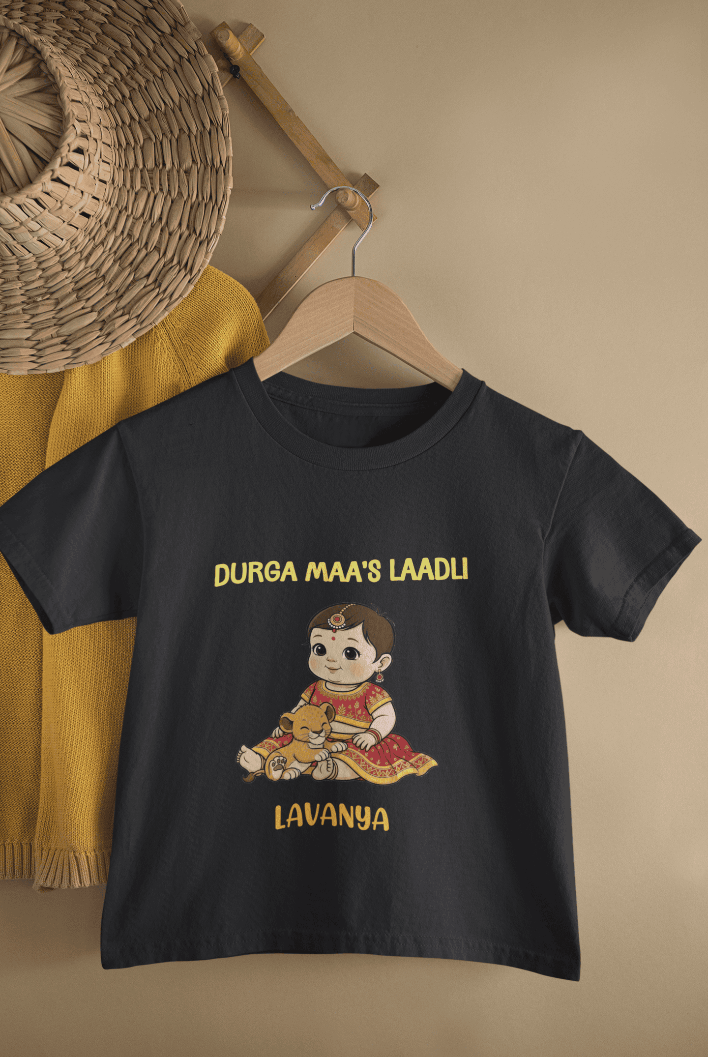 Custom Name Durga Maa's Ladli Navratri Half Sleeves T-Shirt For Girls -FunkyTeesClub