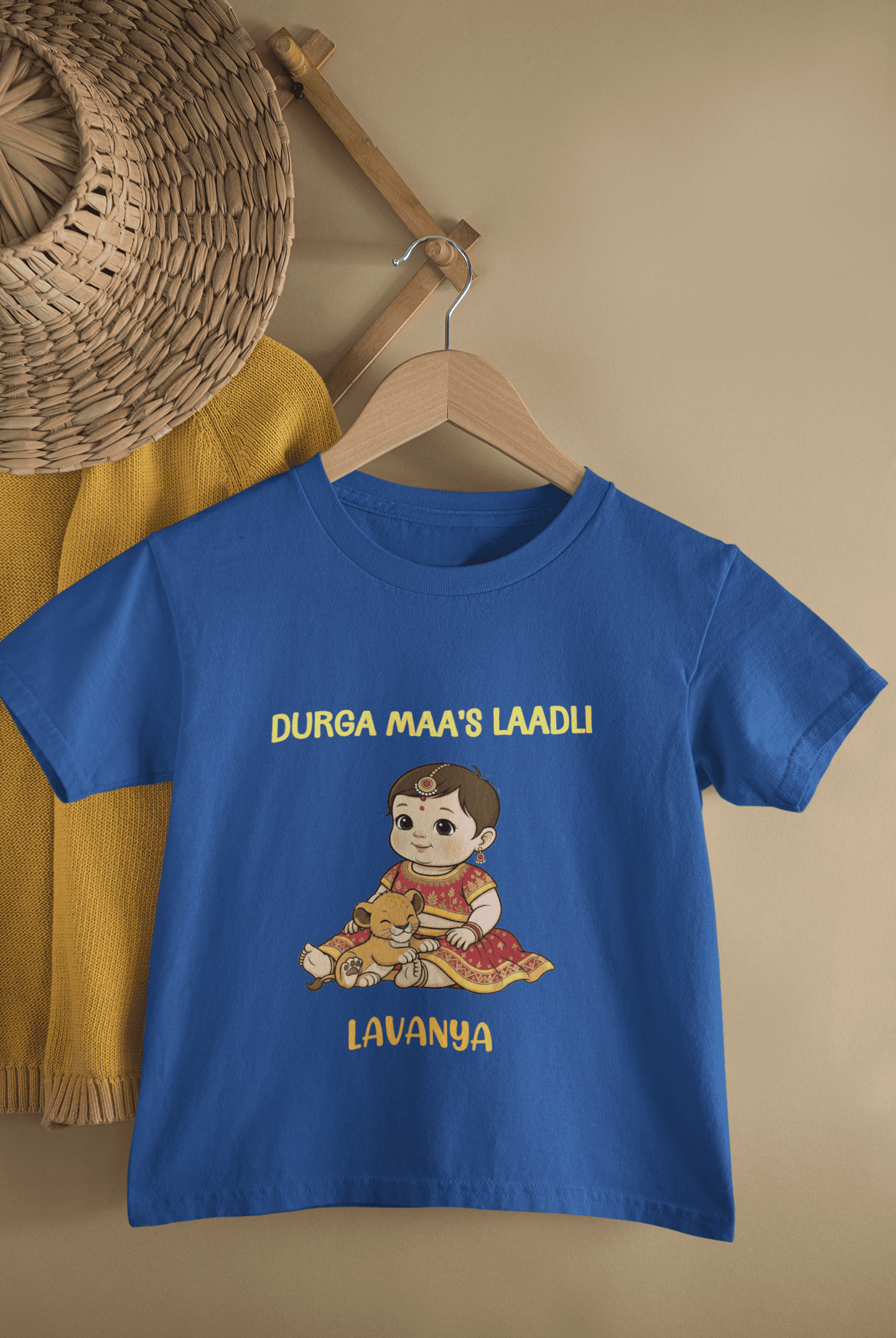 Custom Name Durga Maa's Ladli Navratri Half Sleeves T-Shirt For Girls -FunkyTeesClub