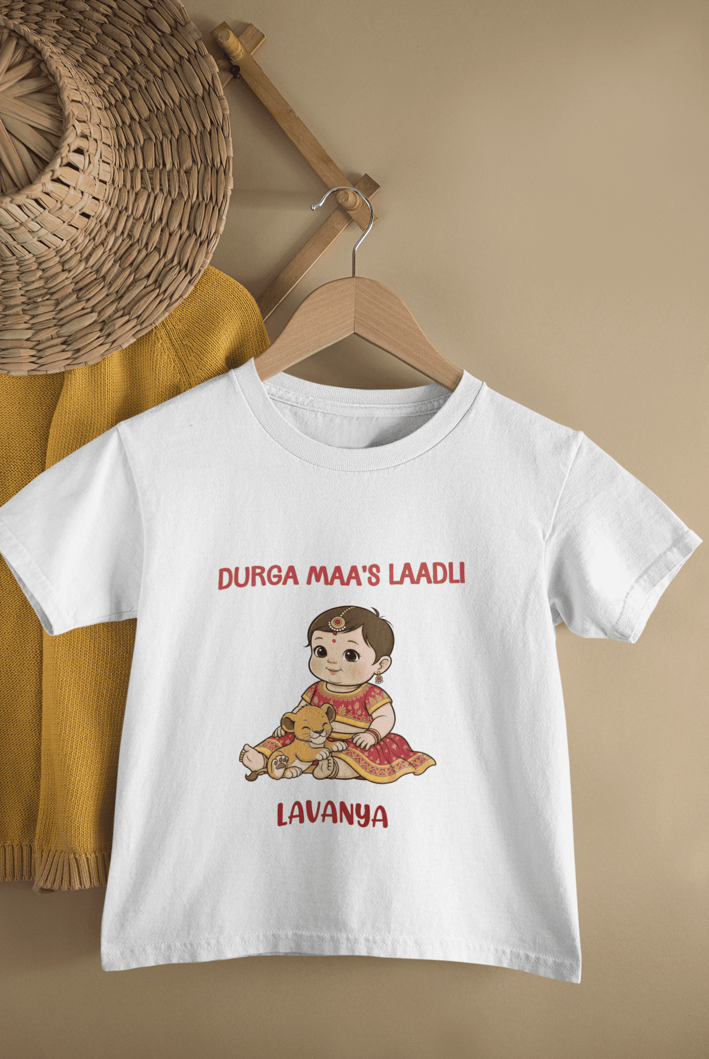 Custom Name Durga Maa's Ladli Navratri Half Sleeves T-Shirt For Girls -FunkyTeesClub