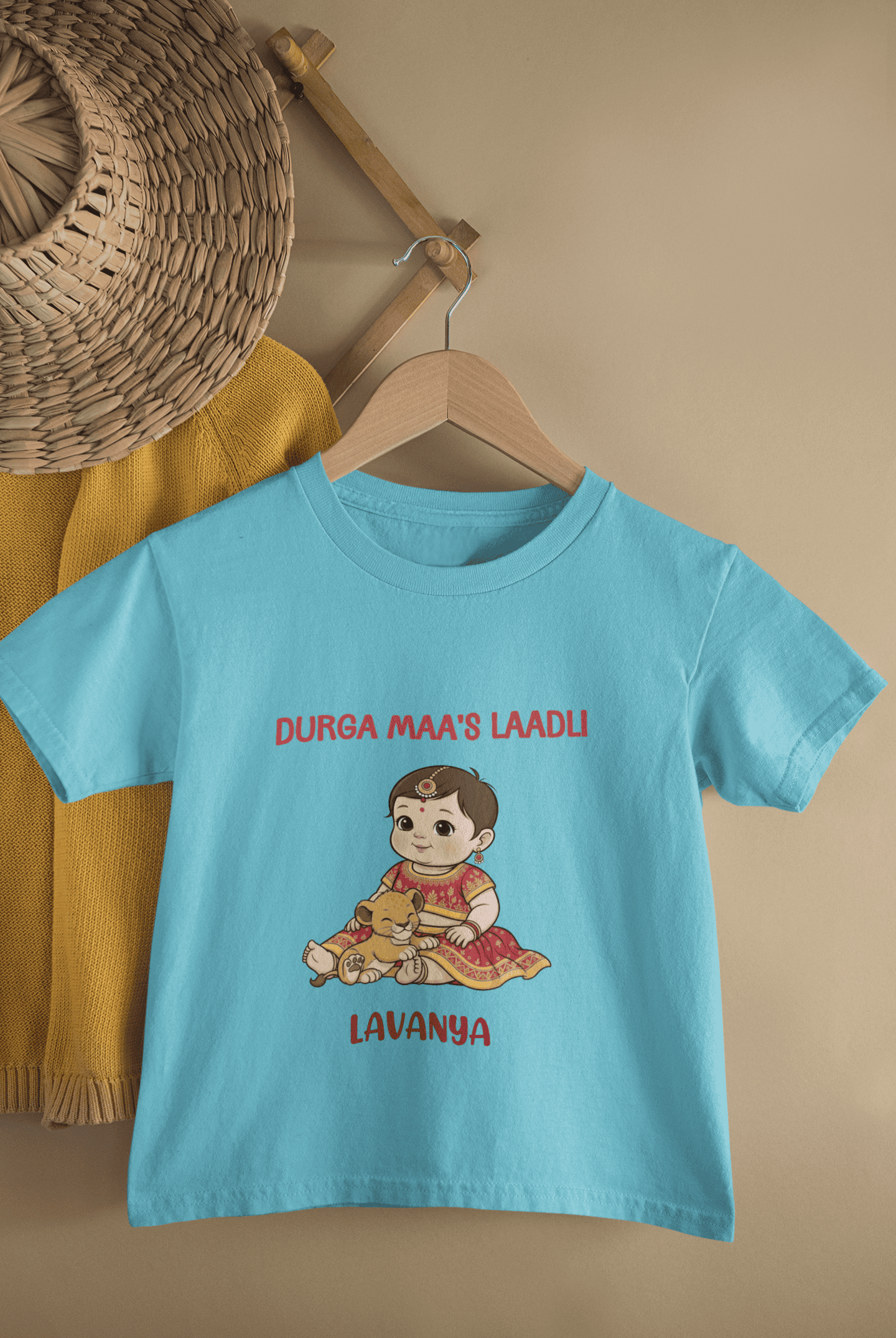 Custom Name Durga Maa's Ladli Navratri Half Sleeves T-Shirt For Girls -FunkyTeesClub