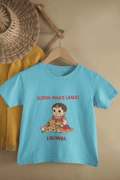 Custom Name Durga Maa's Ladli Navratri Half Sleeves T-Shirt For Girls -FunkyTeesClub