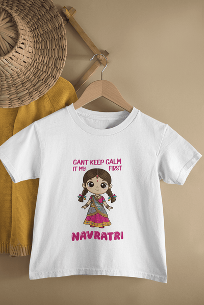 Can't Keep Calm It's My First Navratri Half Sleeves T-Shirt For Girls -FunkyTeesClub