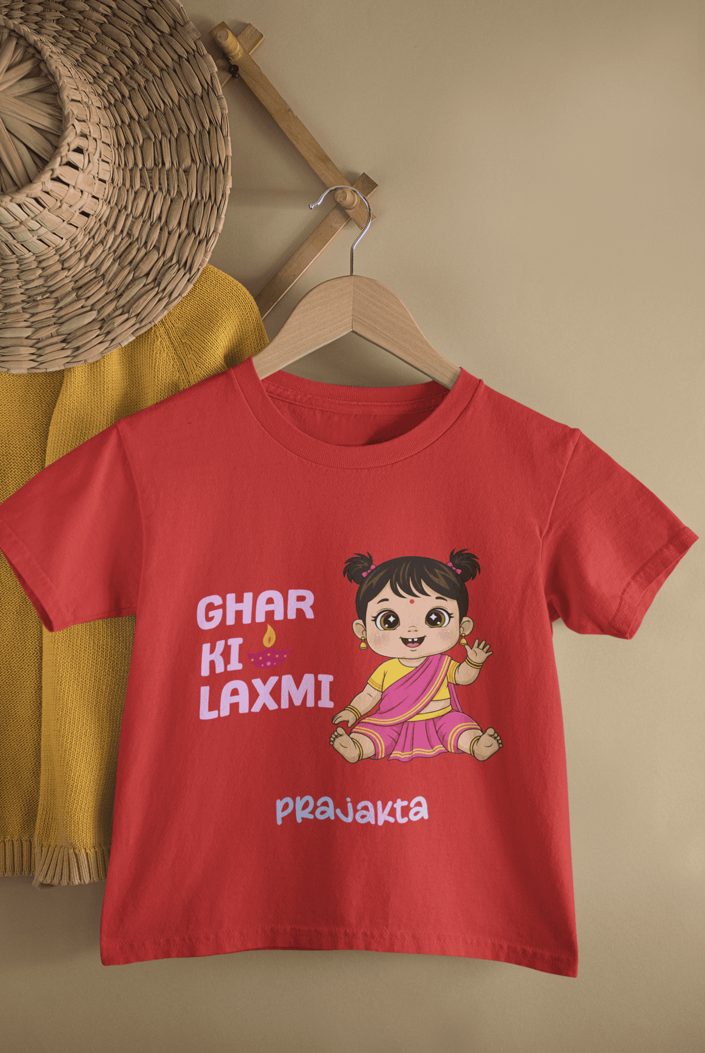 Custom Name Ghar Ki Laxmi Diwali Celebrations Half Sleeves T-Shirt For Girls -FunkyTeesClub