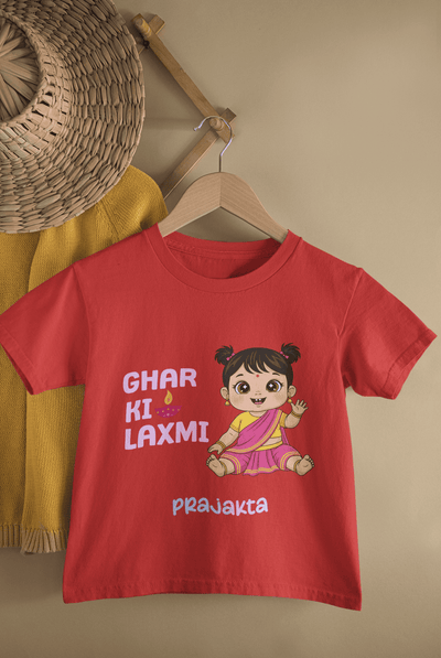Custom Name Ghar Ki Laxmi Diwali Celebrations Half Sleeves T-Shirt For Girls -FunkyTeesClub