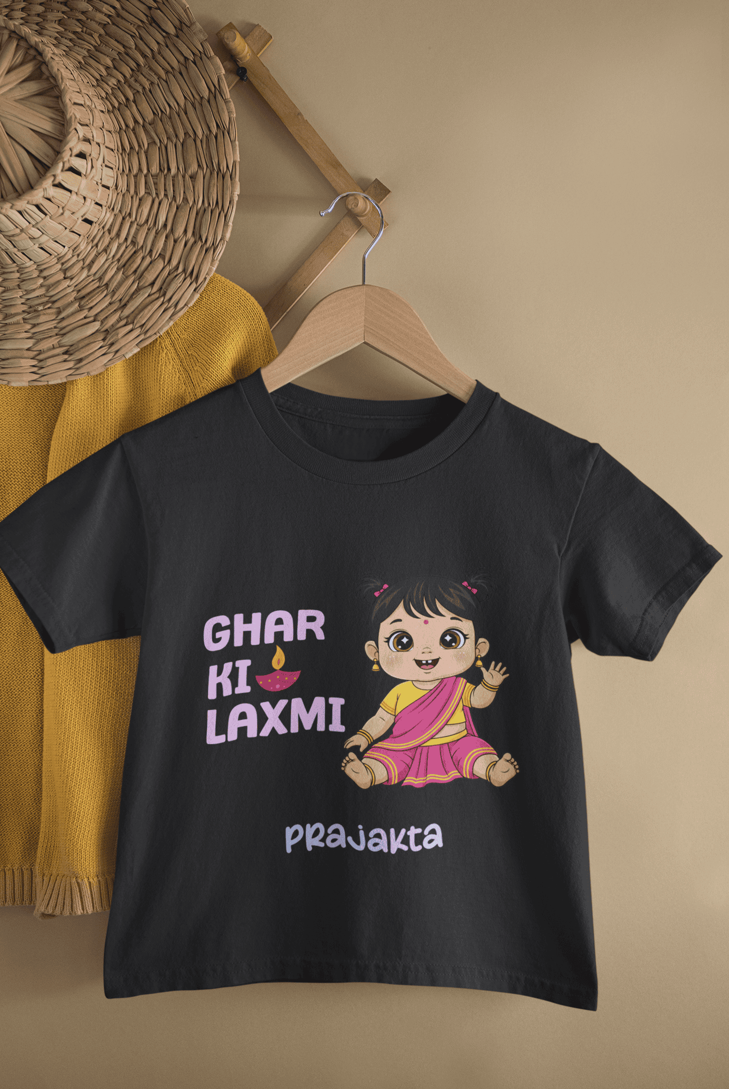 Custom Name Ghar Ki Laxmi Diwali Celebrations Half Sleeves T-Shirt For Girls -FunkyTeesClub