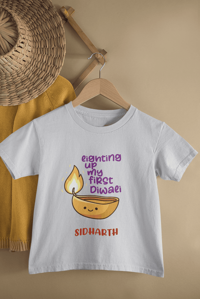 Custom Name Lighting Up My First Diwali Half Sleeves T-Shirt for Boys -FunkyTeesClub