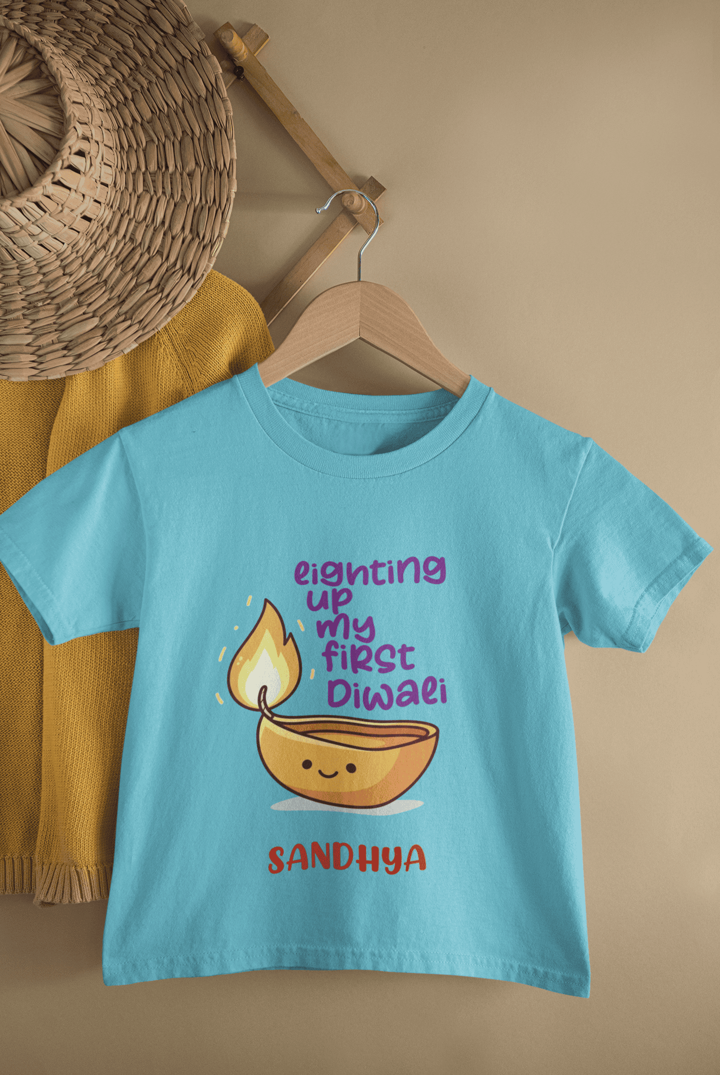 Custom Name Lighting Up My First Diwali Half Sleeves T-Shirt For Girls -FunkyTeesClub