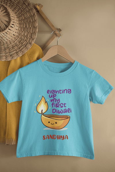 Custom Name Lighting Up My First Diwali Half Sleeves T-Shirt For Girls -FunkyTeesClub