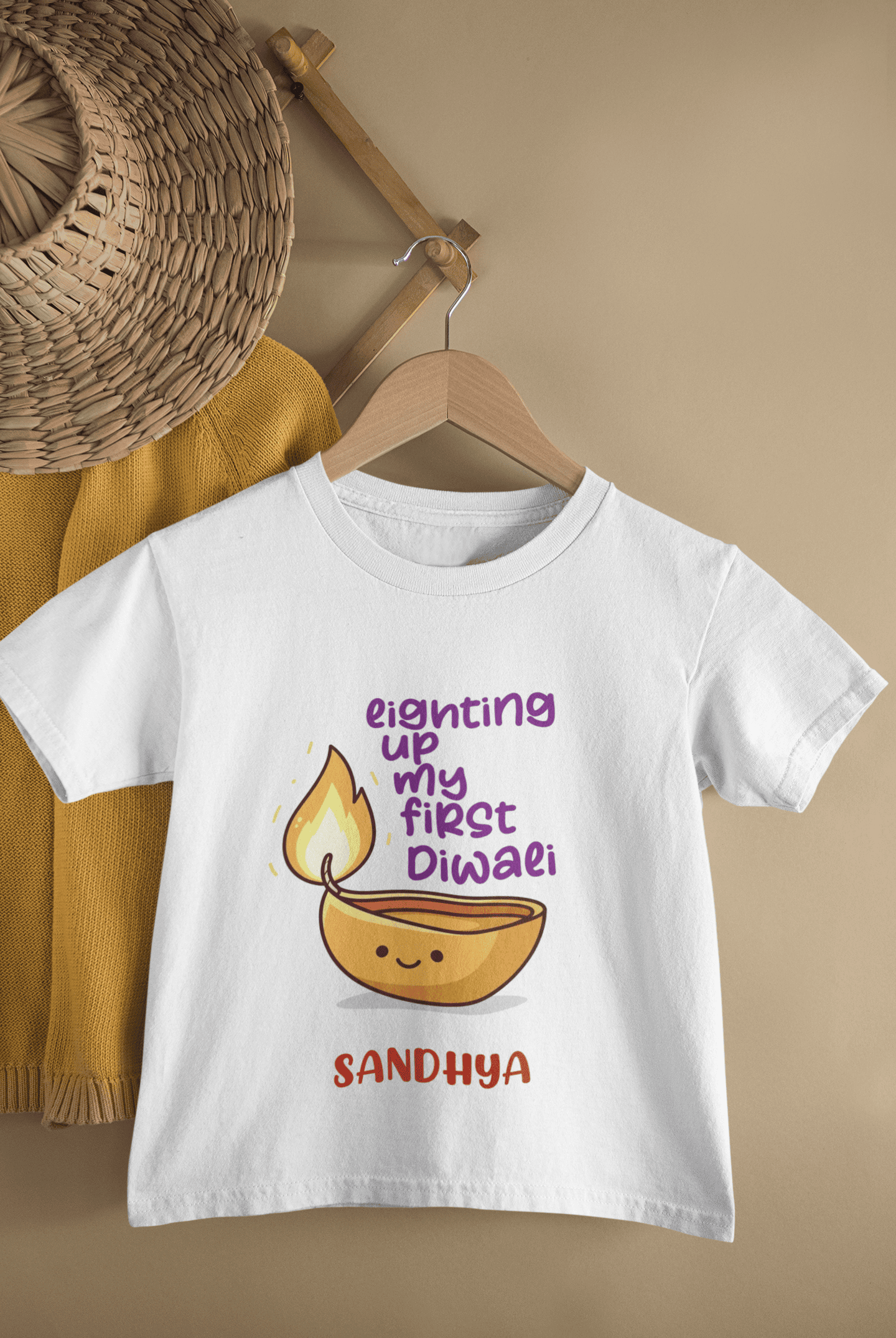 Custom Name Lighting Up My First Diwali Half Sleeves T-Shirt For Girls -FunkyTeesClub