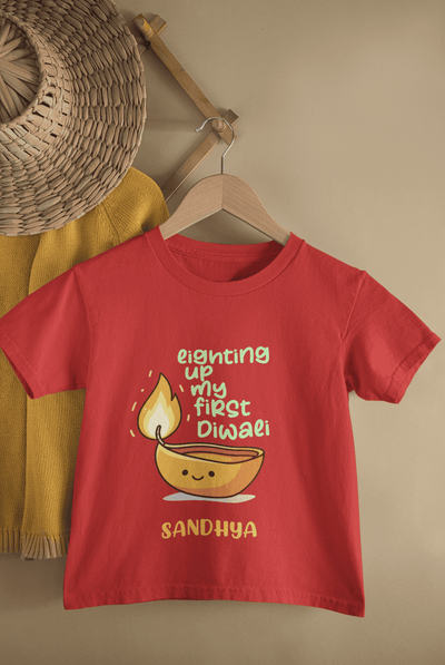 Custom Name Lighting Up My First Diwali Half Sleeves T-Shirt For Girls -FunkyTeesClub