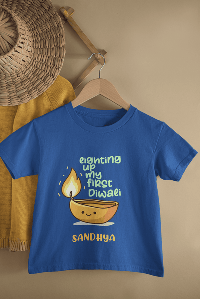 Custom Name Lighting Up My First Diwali Half Sleeves T-Shirt For Girls -FunkyTeesClub
