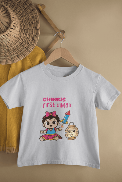 Custom Name My First Diwali Cute Diwali Half Sleeves T-Shirt For Girls -FunkyTeesClub