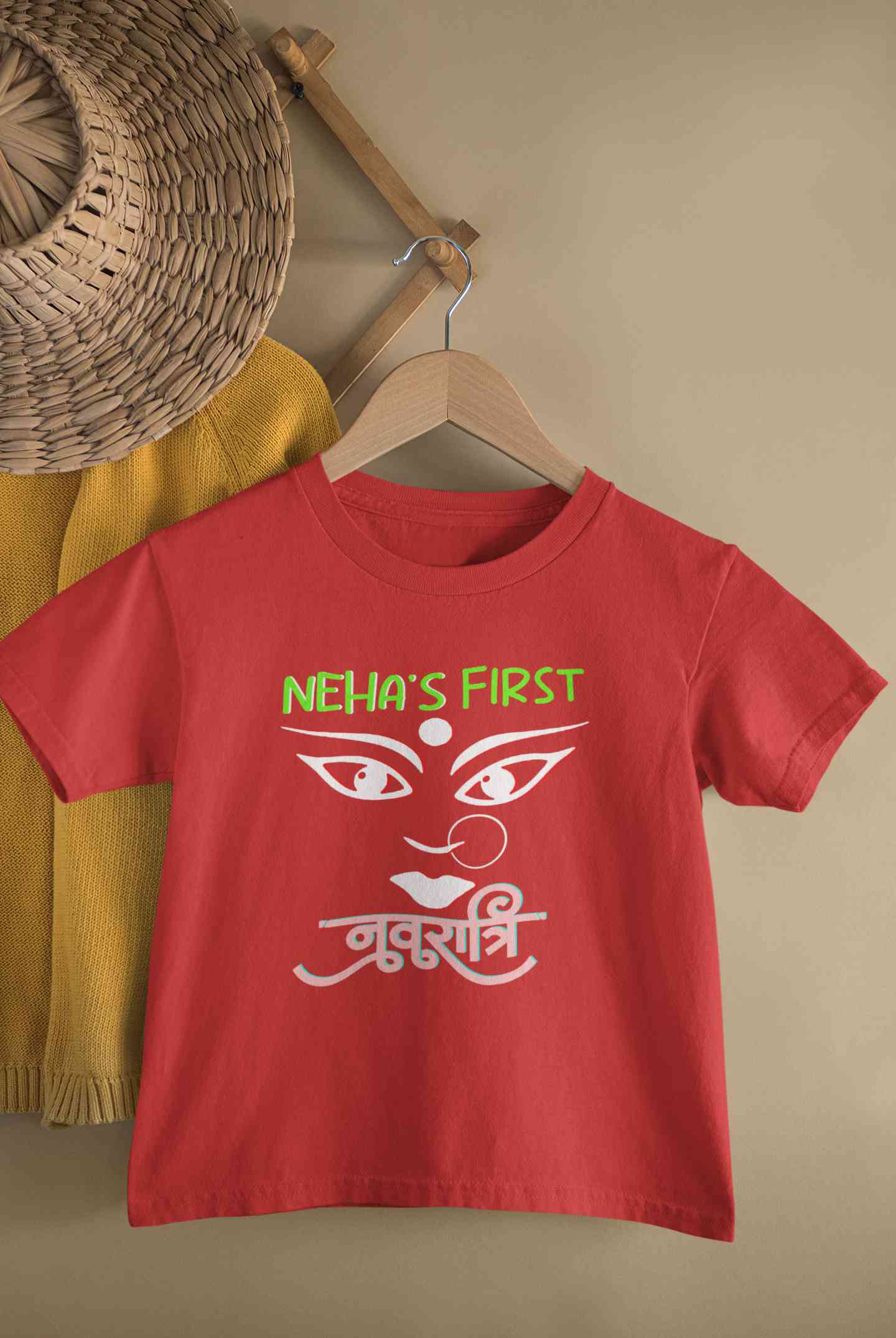 Custom Name First Navratri Durga Pooja Half Sleeves T-Shirt For Girls -FunkyTeesClub