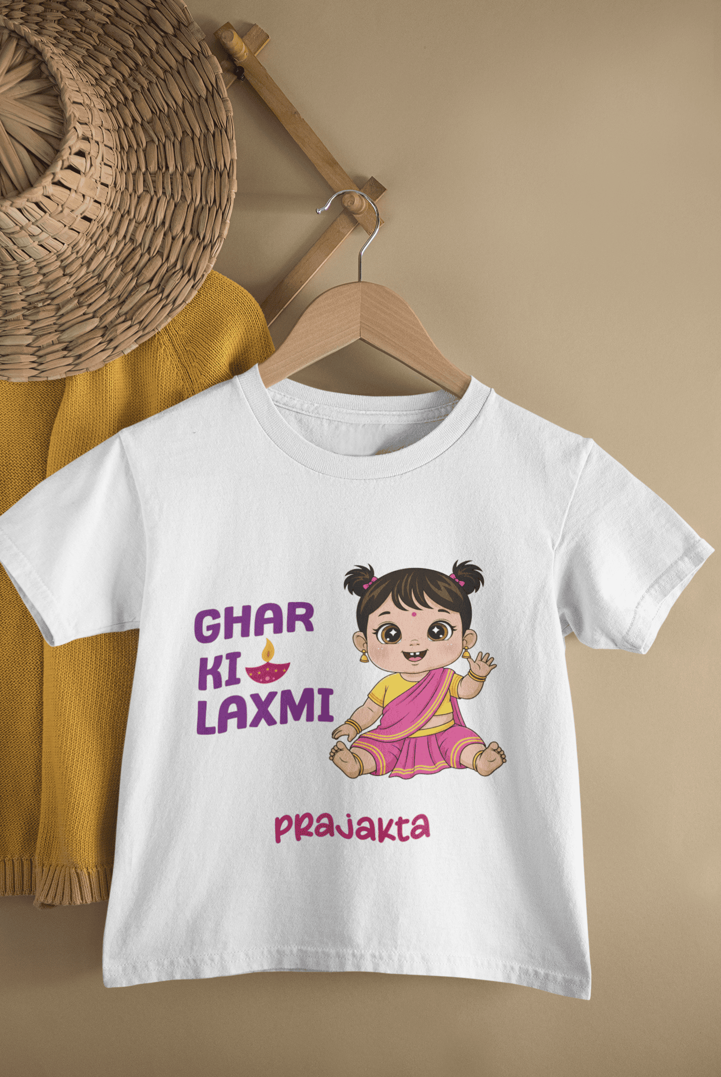 Custom Name Ghar Ki Laxmi Diwali Celebrations Half Sleeves T-Shirt For Girls -FunkyTeesClub