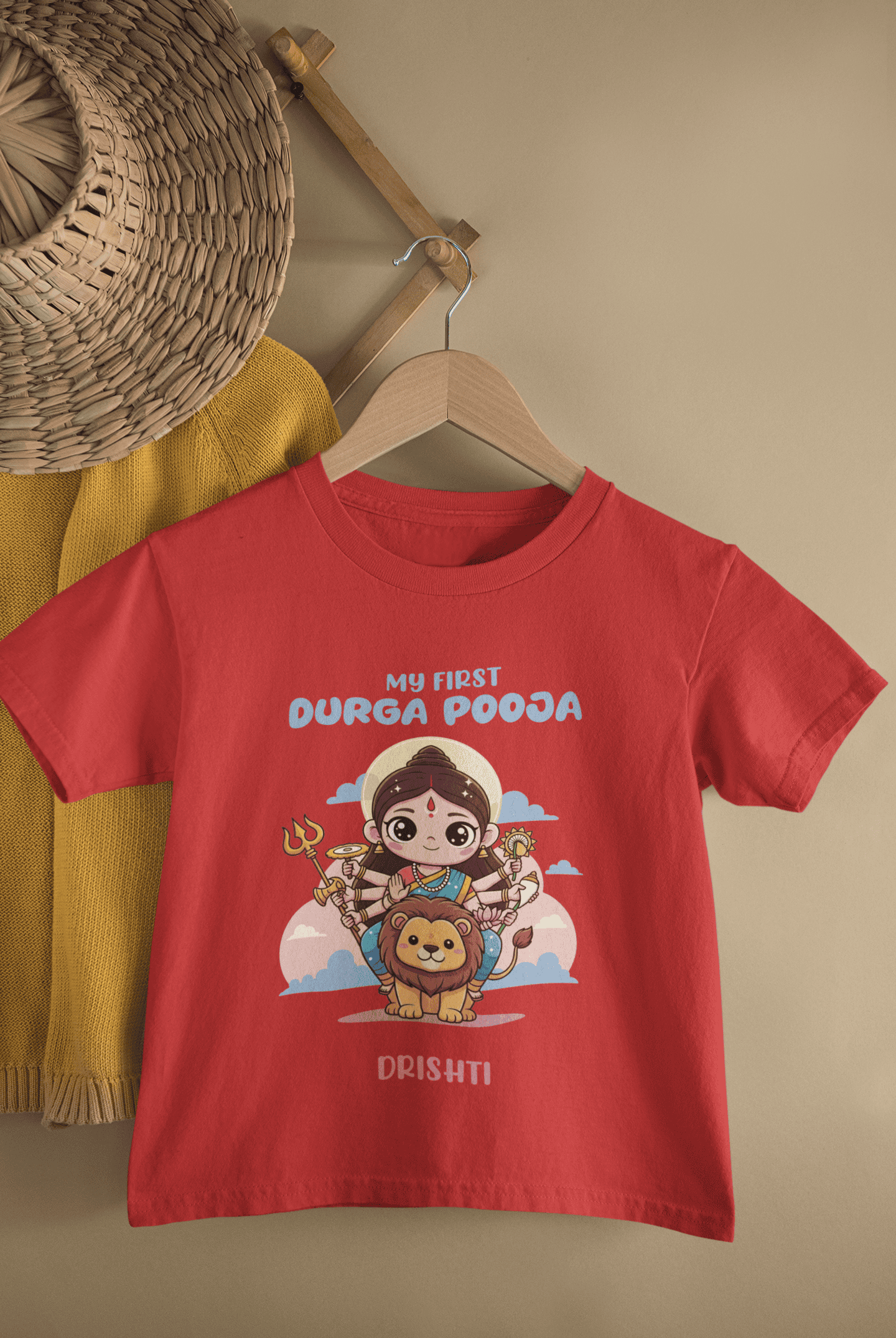 Custom Name My First Durga Pooja Half Sleeves T-Shirt For Girls -FunkyTeesClub