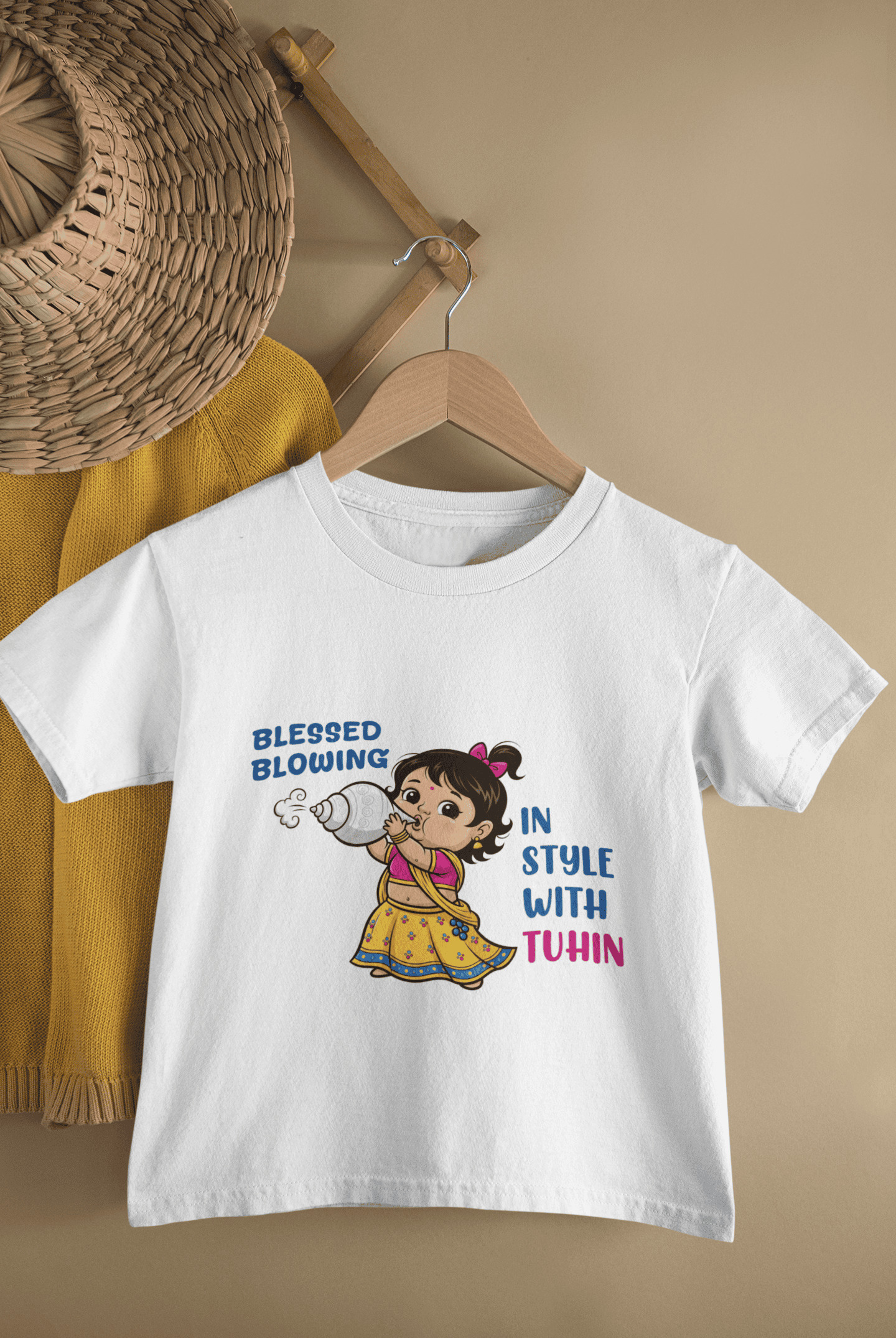 Blessed Blowing Durga Pooja Half Sleeves T-Shirt For Girls -FunkyTeesClub