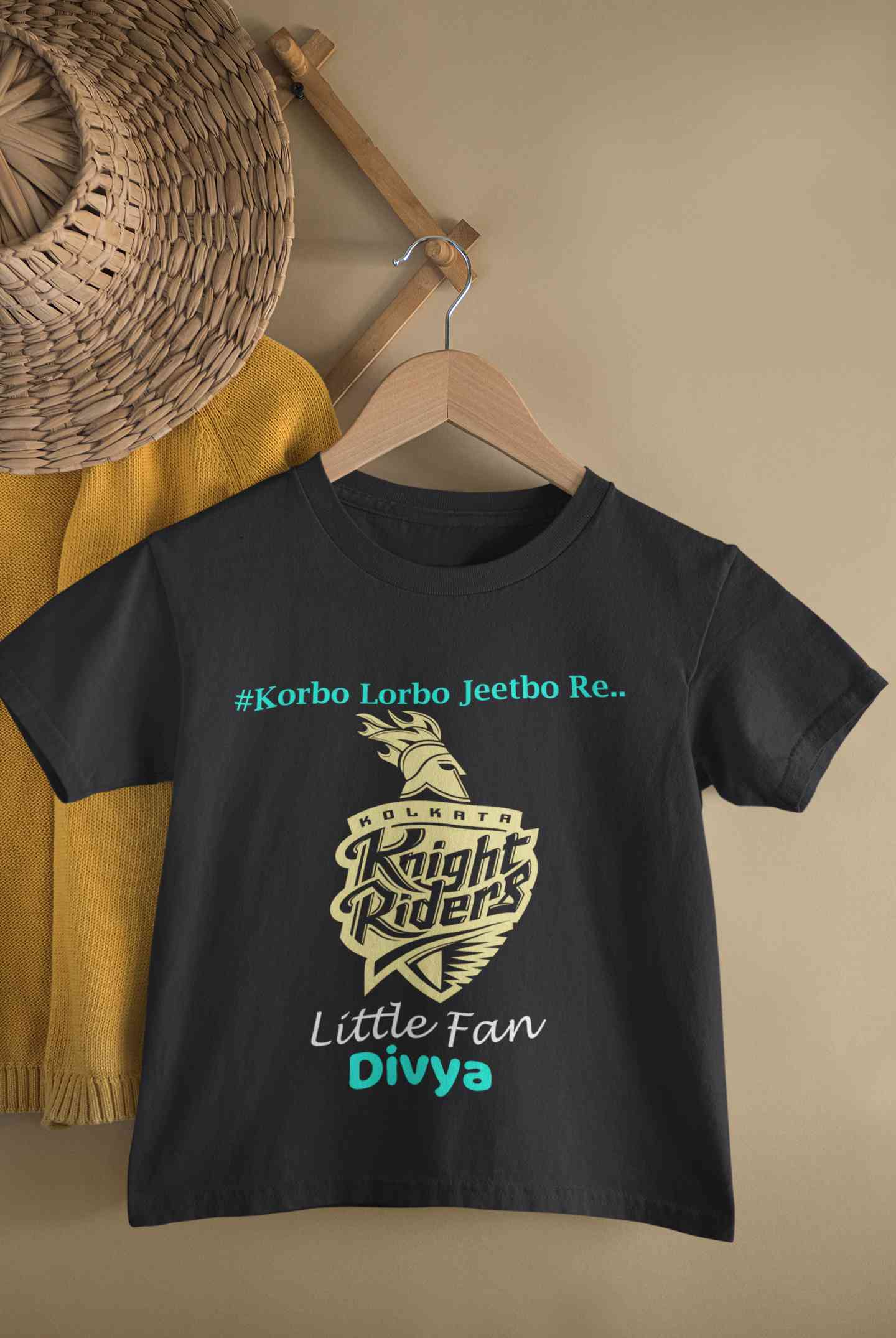 Custom Name IPL KKR Kolkata Knight Riders Korbo Lorbo Jeetbo Re Half Sleeves T-Shirt For Girls -FunkyTeesClub