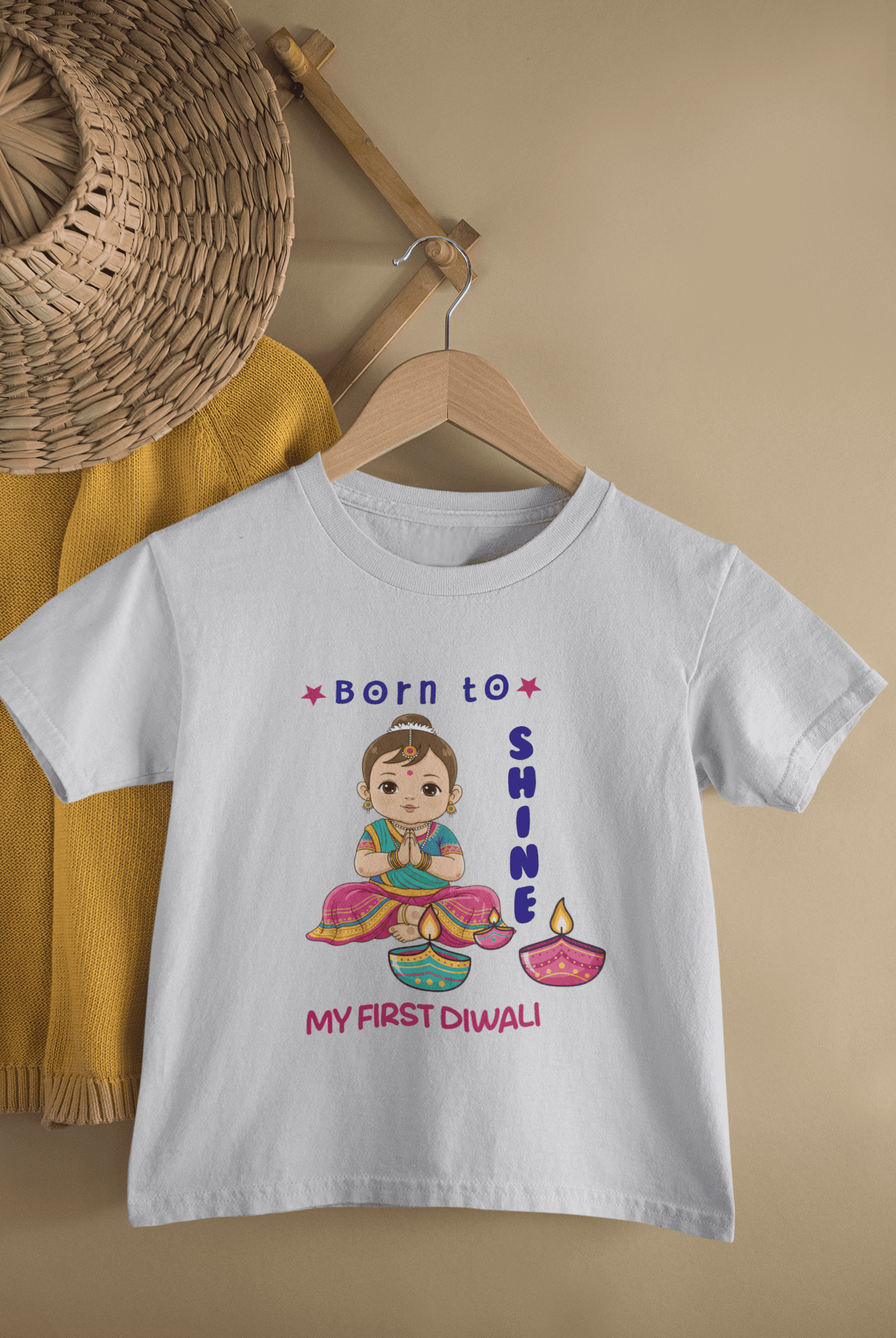 Born To Shine My First Diwali Half Sleeves T-Shirt For Girls -FunkyTeesClub