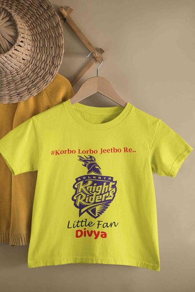 Custom Name IPL KKR Kolkata Knight Riders Korbo Lorbo Jeetbo Re Half Sleeves T-Shirt For Girls -FunkyTeesClub