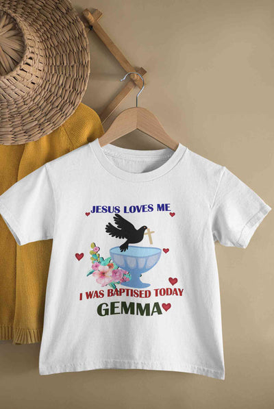 Custom Name Jesus Loves Me Baptism Christening Day Half Sleeves T-Shirt For Girls -FunkyTeesClub
