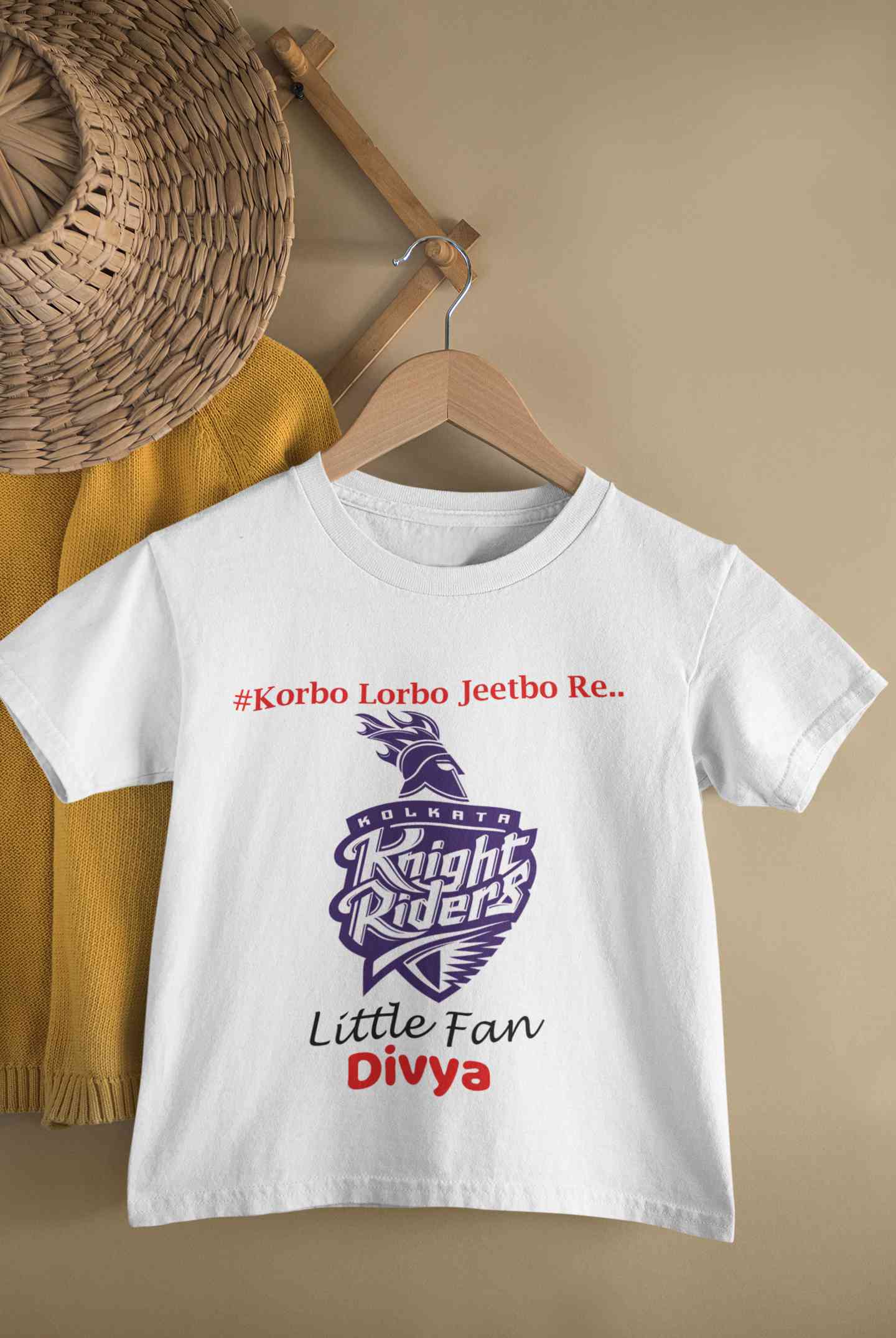 Custom Name IPL KKR Kolkata Knight Riders Korbo Lorbo Jeetbo Re Half Sleeves T-Shirt For Girls -FunkyTeesClub
