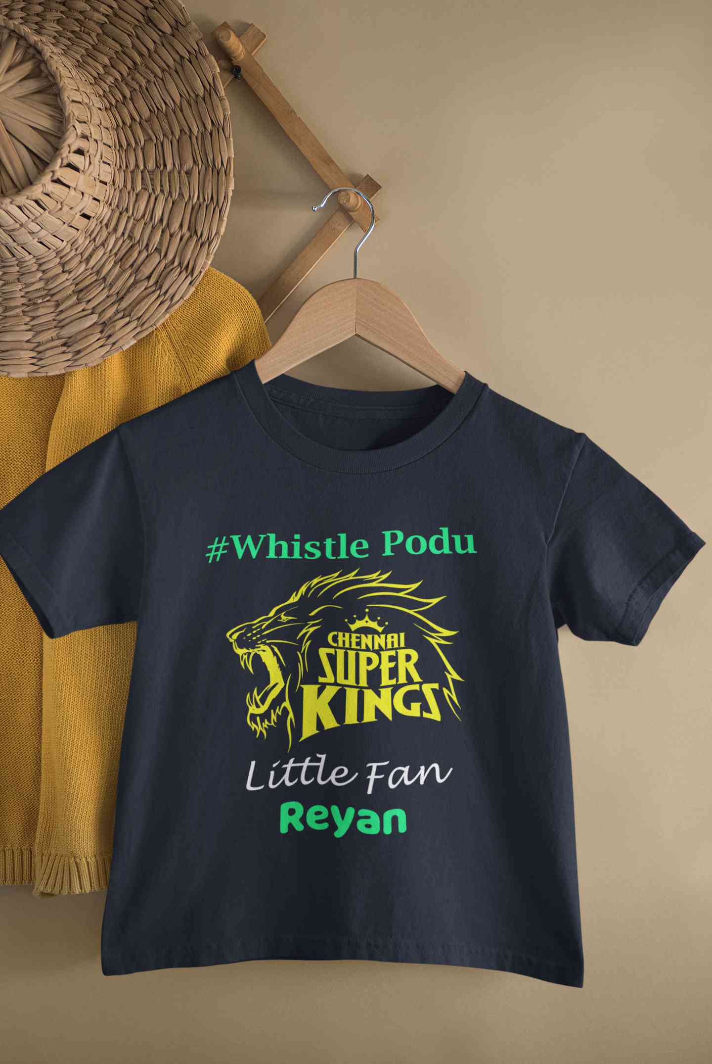Custom Name IPL CSK Chennai Super Kings Whistle Podu Half Sleeves T-Shirt for Boy-FunkyTeesClub