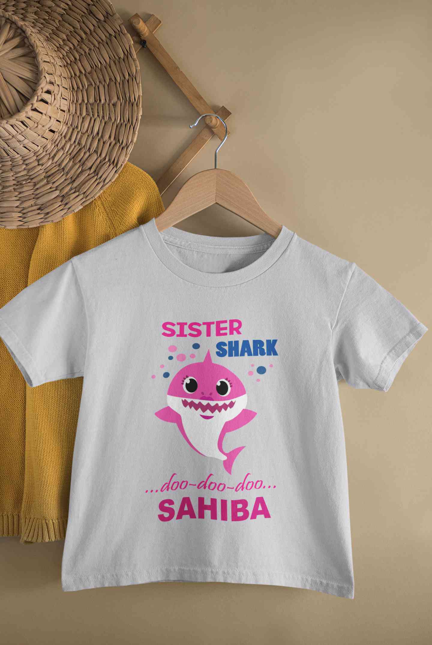 Custom Name Sister Shark Doo Doo Doo Rakhi Half Sleeves T-Shirt For Girls -FunkyTeesClub