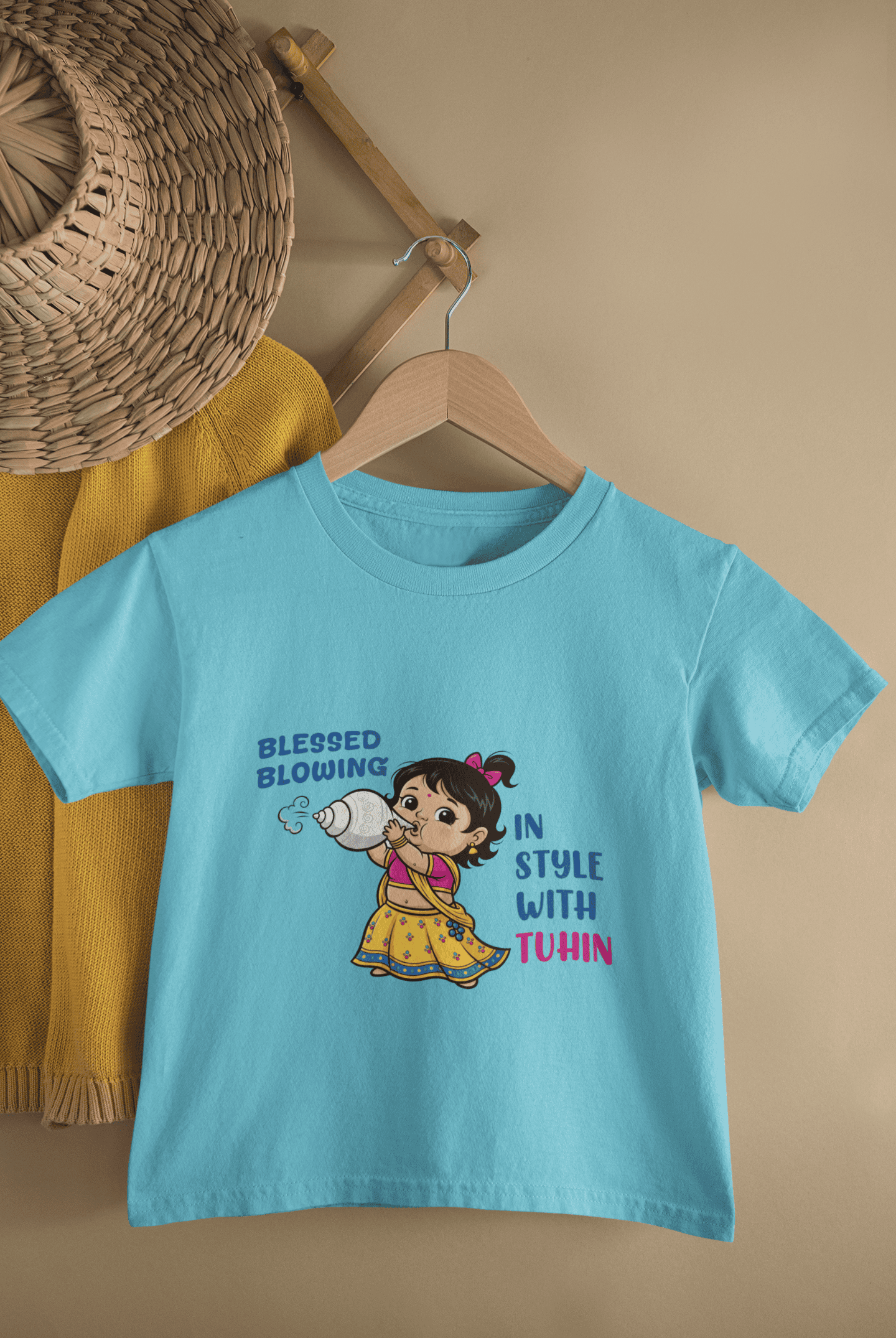 Blessed Blowing Durga Pooja Half Sleeves T-Shirt For Girls -FunkyTeesClub