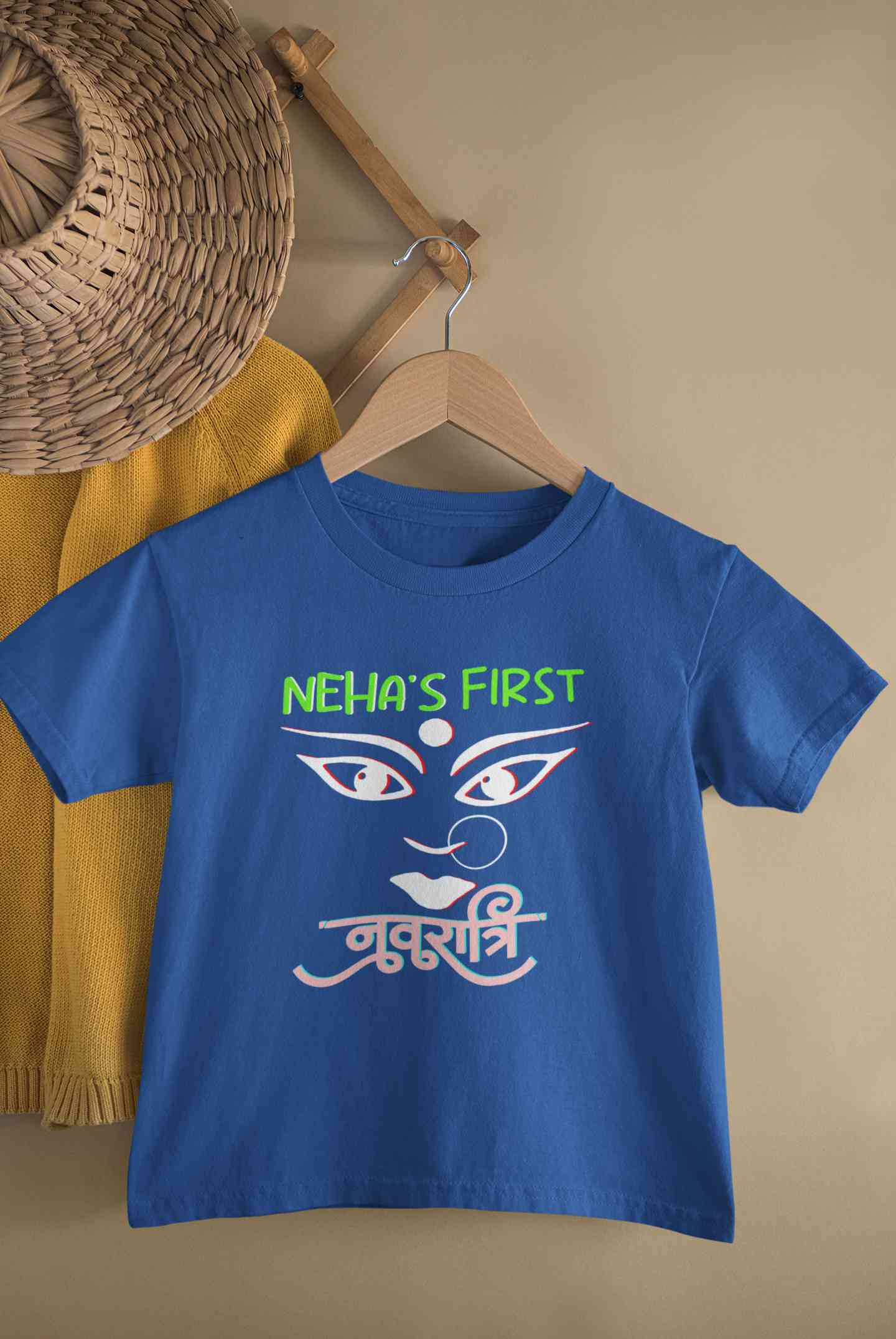 Custom Name First Navratri Durga Pooja Half Sleeves T-Shirt For Girls -FunkyTeesClub