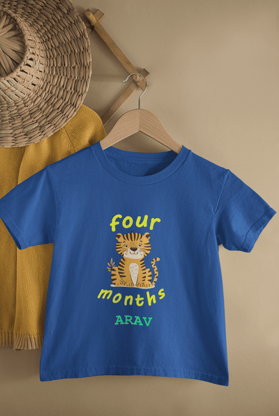 Custom Name Four Months Birthday Half Sleeves T-Shirt for Boys -FunkyTeesClub