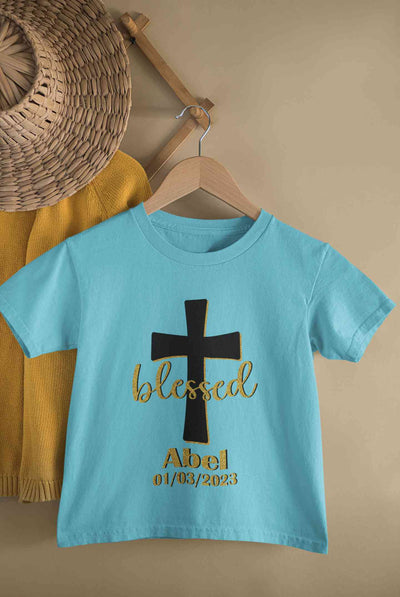 Custom Name And Date Blessed Baptism Christening Day Half Sleeves T-Shirt for Boy-FunkyTeesClub
