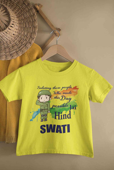 Custom Name Saluting Those People Who Made This Day Possible Jai Hind Independence Day Half Sleeves T-Shirt For Girls -FunkyTeesClub