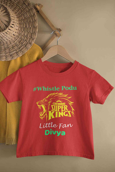 Custom Name IPL CSK Chennai Super Kings Whistle Podu Half Sleeves T-Shirt For Girls -FunkyTeesClub